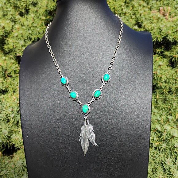 Southwest Native Style Turquoise Sterling Silver Feather Dangle Lariat Necklace - Picture 3 of 9